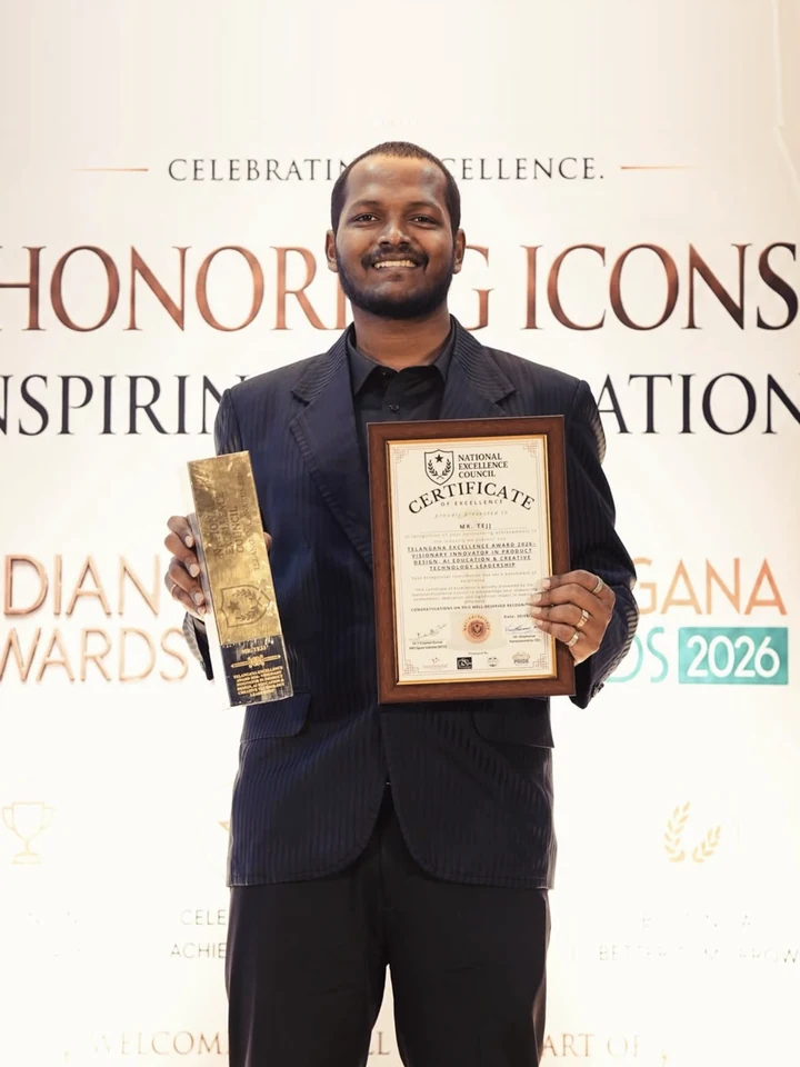 Tejj holding the Telangana Excellence Award