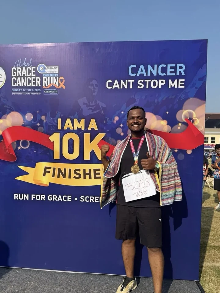 Tejj after finishing the 10K at the Global Grace Cancer Run in Hyderabad