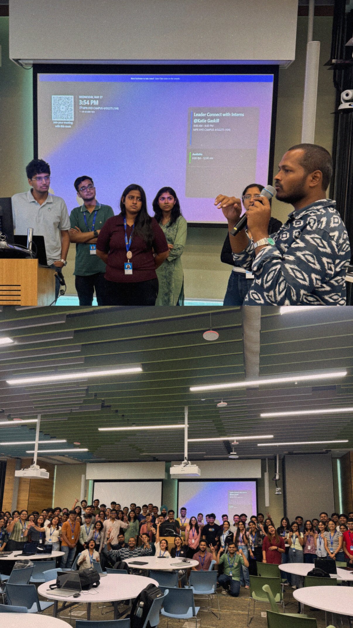 Tejj on stage delivering keynote 'From Vibe Coding to Agentic Engineering' to Microsoft intern class of 2026 in Hyderabad auditorium